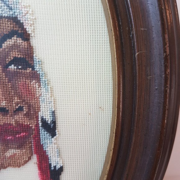 Vintage Petit Point Framed Artwork Indigenous Native American Man Woman Canadian - Picture 5 of 16